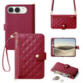 Deep red quilted leather crossbody folio case for iPhone DUO with gold magnetic clasp