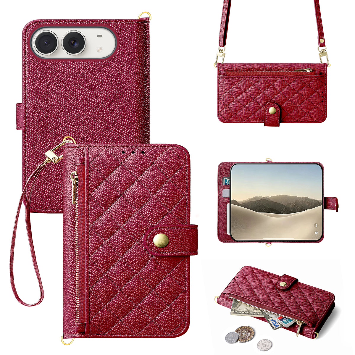 Deep red quilted leather crossbody folio case for iPhone DUO with gold magnetic clasp