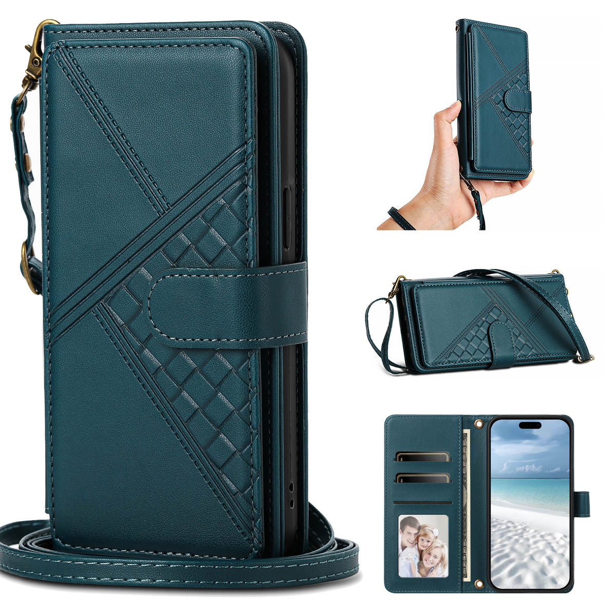 Deep teal green woven leather crossbody wallet case for iPhone displaying full composite views, including front magnetic flap, hand wristlet wear, shoulder strap wear, interior card slots, photo ID window, and cash pocket.