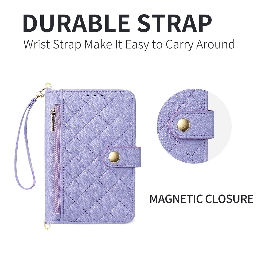 Black iPhone DUO leather case displaying adjustable long shoulder strap and hands-free carry setup