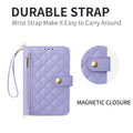 Detail view of lilac iPhone DUO case showing durable wrist strap and gold magnetic snap button closure