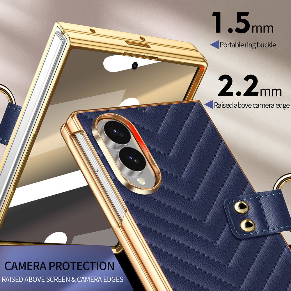 Detailed view of 1.5mm raised screen bezel and 2.2mm raised camera protection on navy blue Samsung Galaxy Z Fold 8 leather case