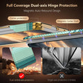 Detailed diagram showing full coverage magnetic auto-rebound dual-axis hinge protection on Samsung Galaxy Z Fold 8 case