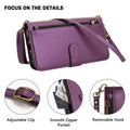 Detailed feature callout shot of violet purple leather case for Samsung Galaxy highlighting the adjustable metal clip, smooth zipper cash pocket, and removable strap swivel hooks.