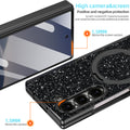 Detailed schematic view of black glitter Samsung Galaxy Z Fold case highlighting 1.5mm raised bezels for camera and screen protection.