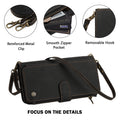 Detailed view of black leather Samsung Galaxy crossbody case featuring reinforced metal clips smooth zipper pocket and removable hooks