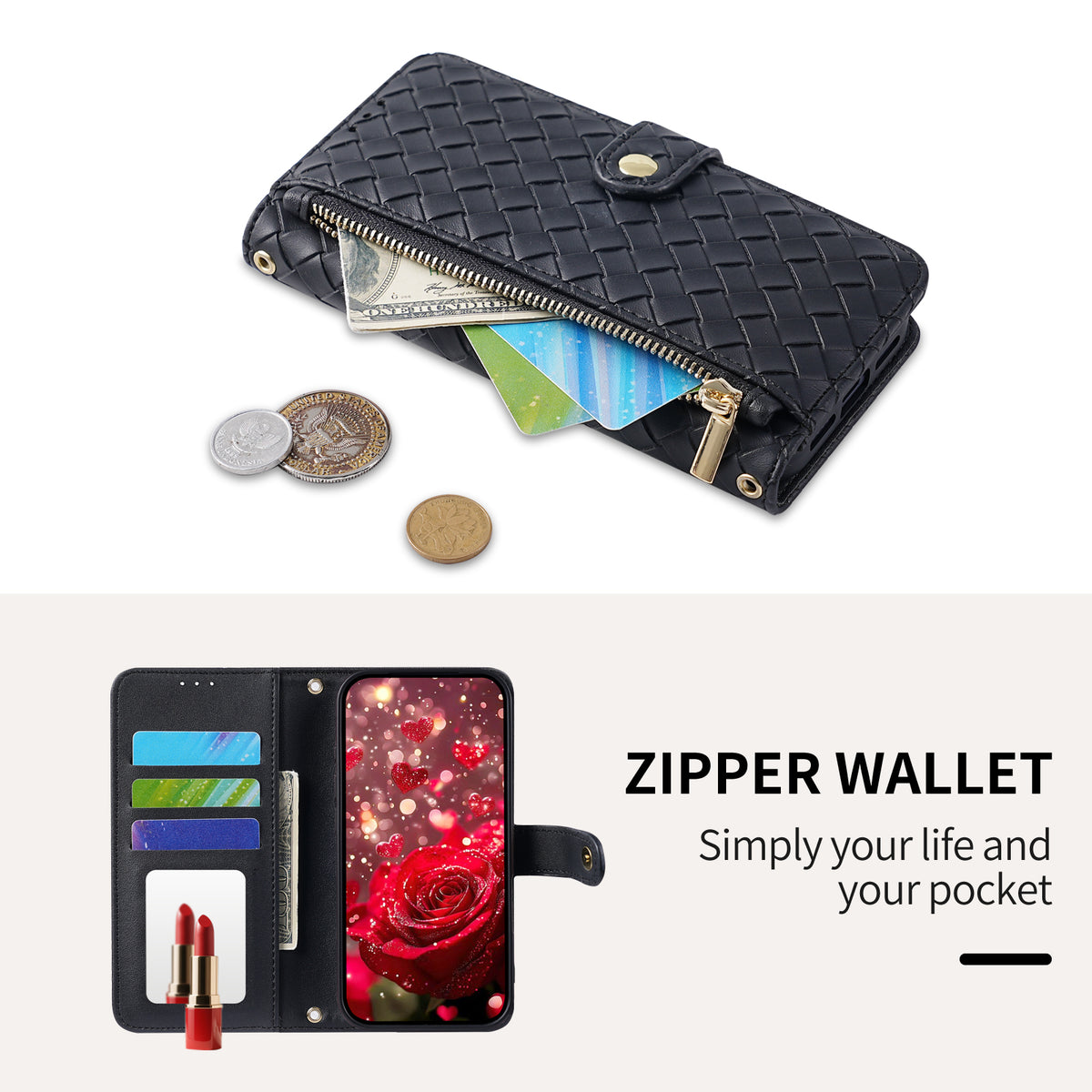 Detailed view of black woven phone wallet case with open zipper pouch holding cash coins and interior folio layout.