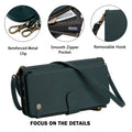 Detailed view of dark green leather wallet case showing reinforced metal clips, smooth zipper pocket, and removable hook