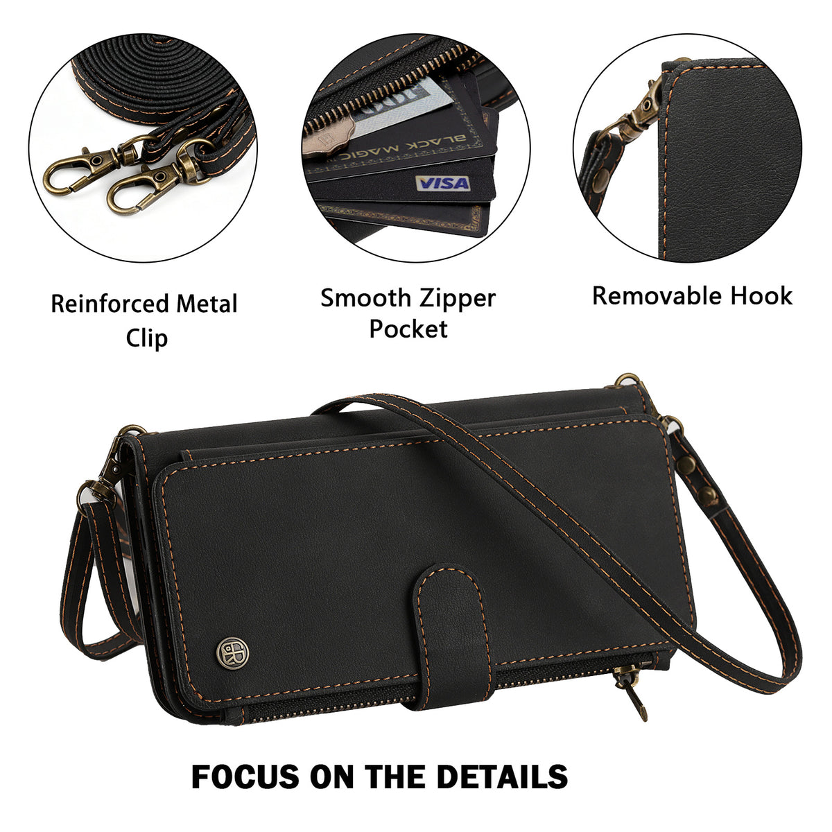 Detailed view of reinforced metal clip hook, smooth zipper pocket, and removable strap