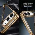 Detailed view of the 11 precision machine opening and plated lens ring guard on the blue Kevlar iPhone DUO case highlighting wear and scratch resistance.