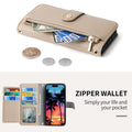 Detailed view of the zipper coin wallet pocket and fully unfolded tri-fold card slots holding credit cards and cash.