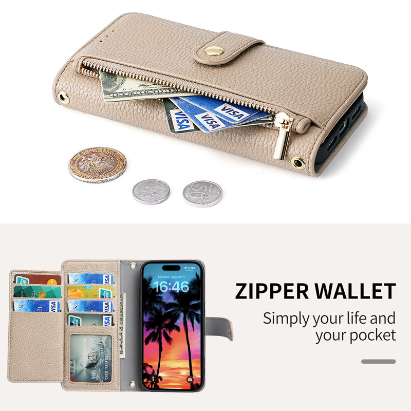 Detailed view of the zipper coin wallet pocket and fully unfolded tri-fold card slots holding credit cards and cash.