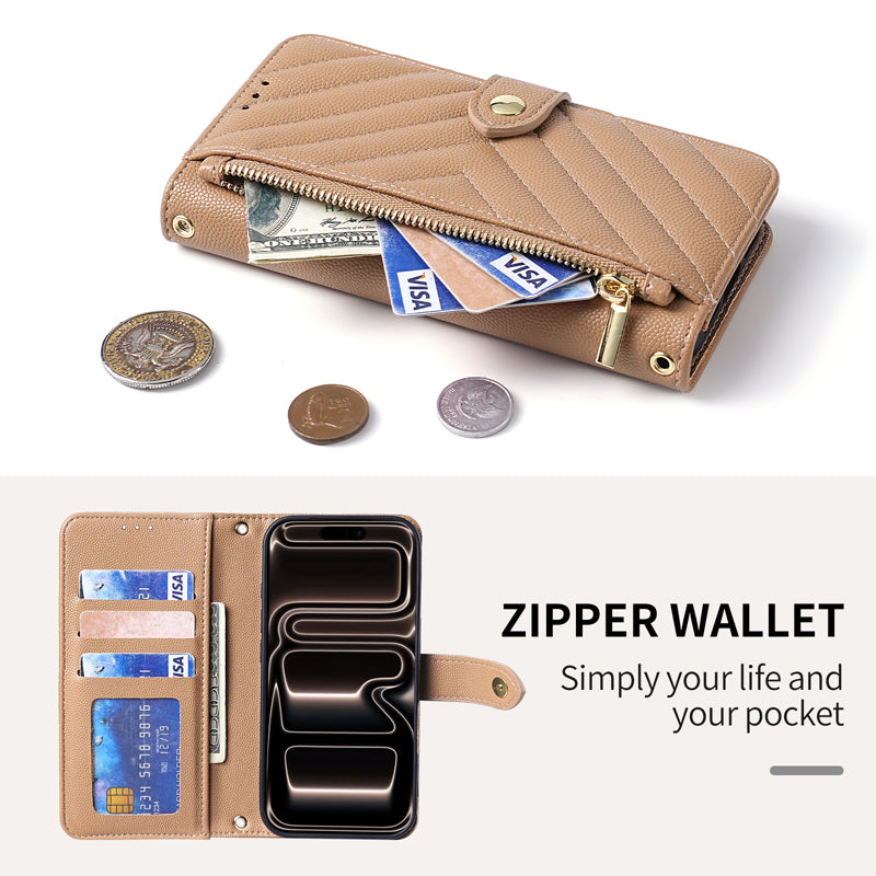 Detail view of beige chevron leather phone case showing 3 card slots, 1 cash pocket, and top zip pouch storing credit cards and coins.