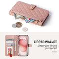 Detail view of open pink leather wallet case showing 3 card slots, cash compartment, vanity mirror, and zippered coin storage.