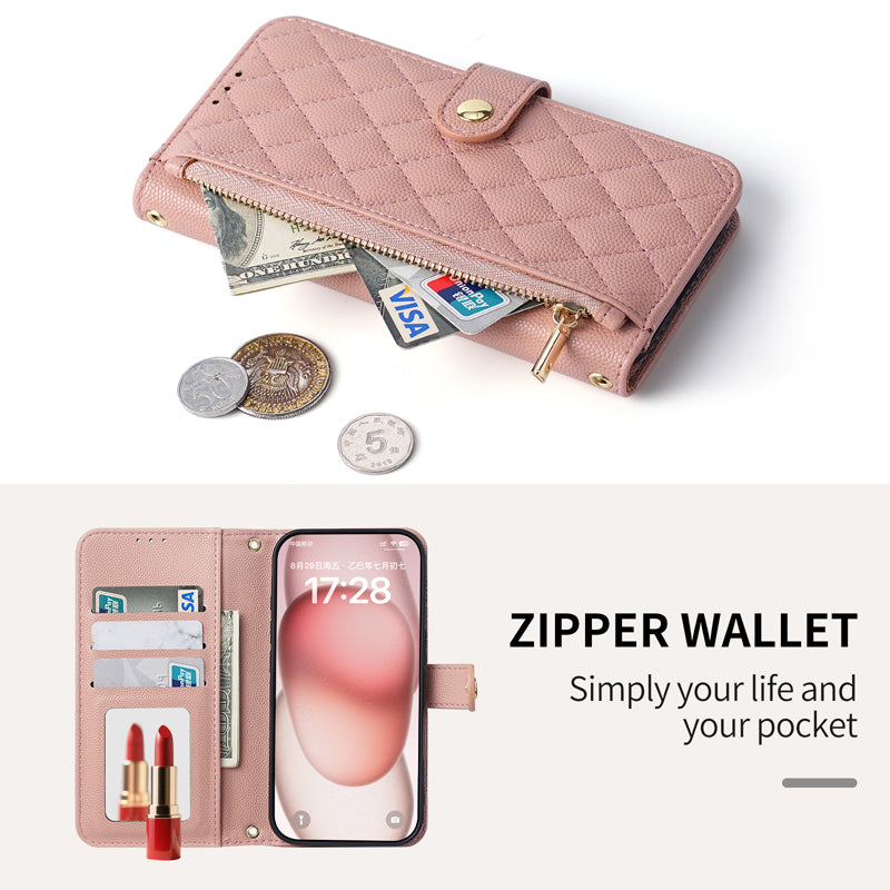Detail view of open pink leather wallet case showing 3 card slots, cash compartment, vanity mirror, and zippered coin storage.