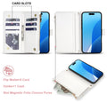 Diagram of iPhone 17 Pro Max flip wallet leather case showing 6 card slots, cash pocket, zipper purse, and magnetic folio closure
