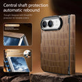 Diagram of tan brown crocodile leather iPhone DUO cover explaining automatic rebound spring structure and central axis hinge defense.