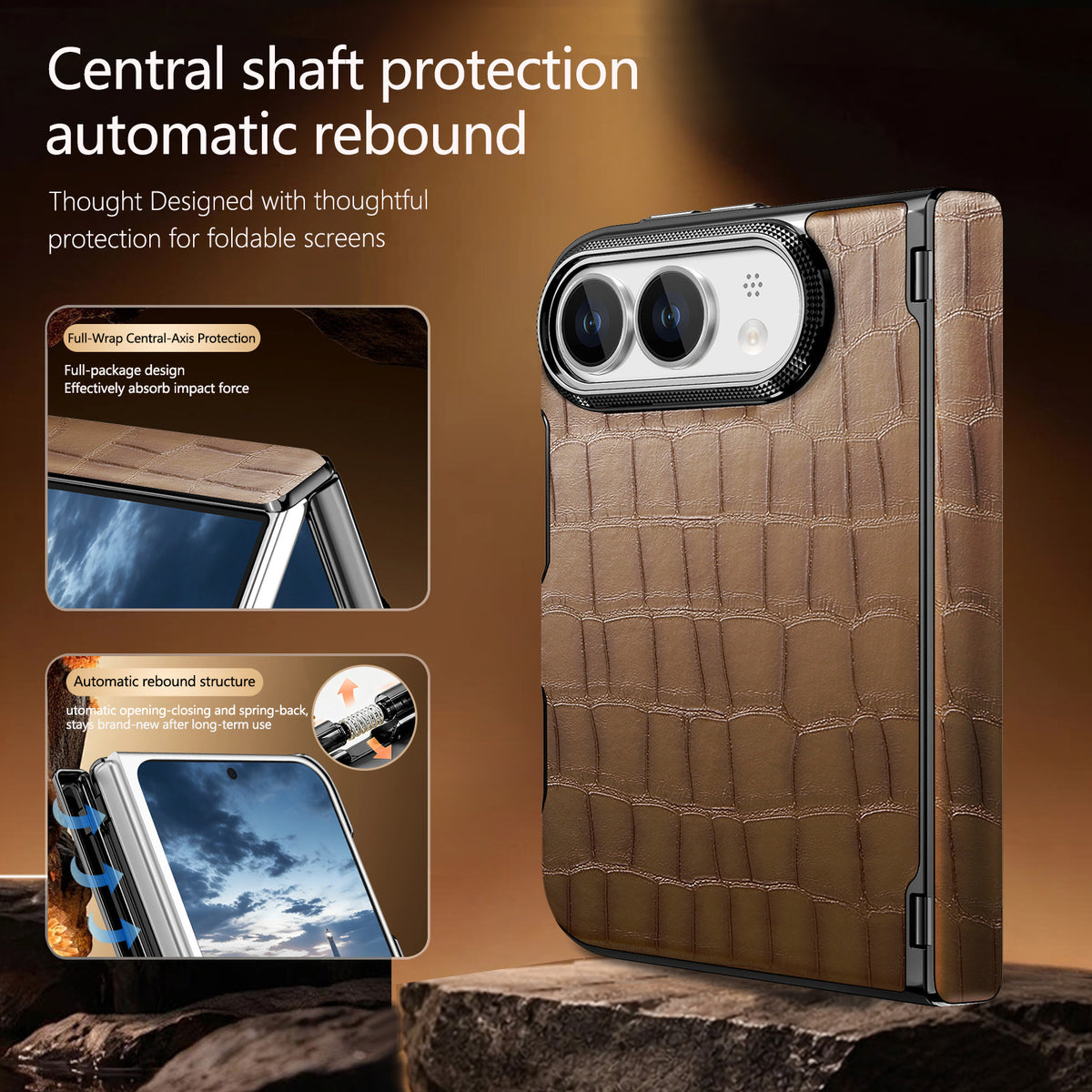 Diagram of tan brown crocodile leather iPhone DUO cover explaining automatic rebound spring structure and central axis hinge defense.
