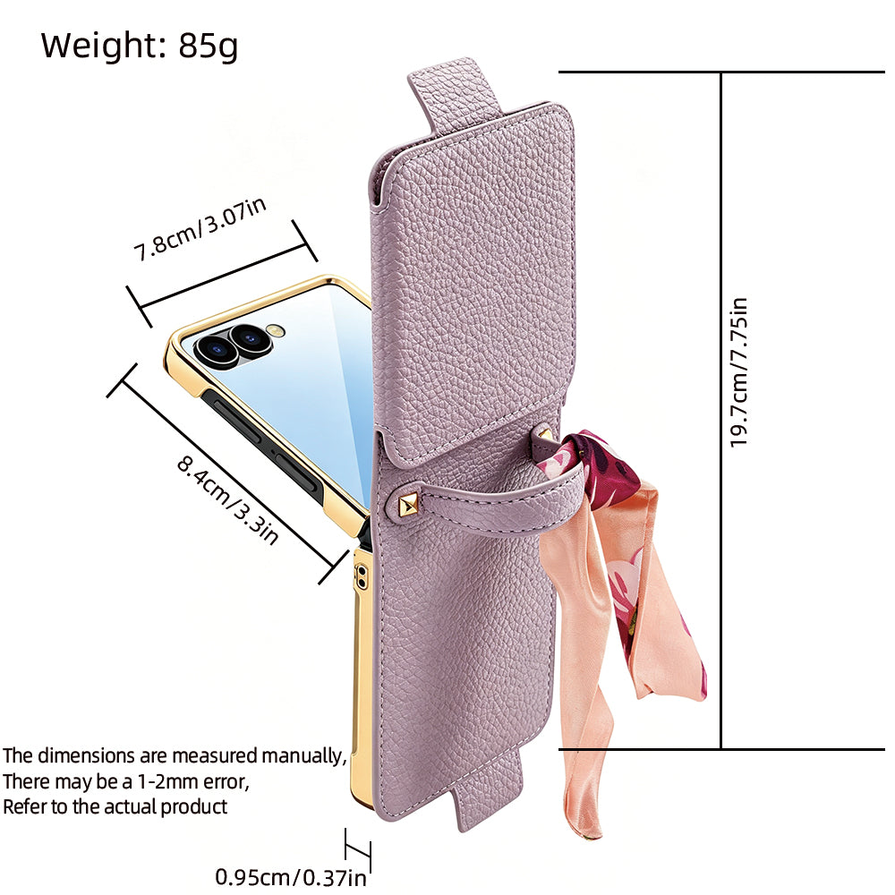 Dimension diagram showing weight 85g and measurements for Samsung Galaxy Z Flip luxury leather case