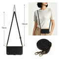 Dimension diagram showing 76 cm to 142 cm adjustable crossbody strap options for Samsung Galaxy leather wallet phone purse