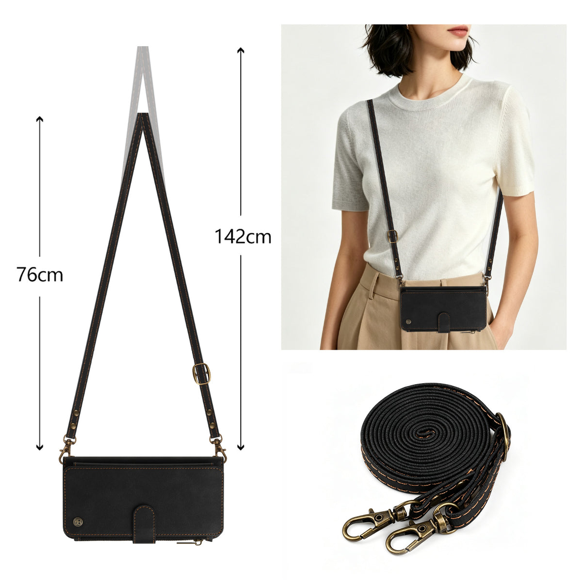 Dimension diagram showing 76 cm to 142 cm adjustable crossbody strap options for Samsung Galaxy leather wallet phone purse