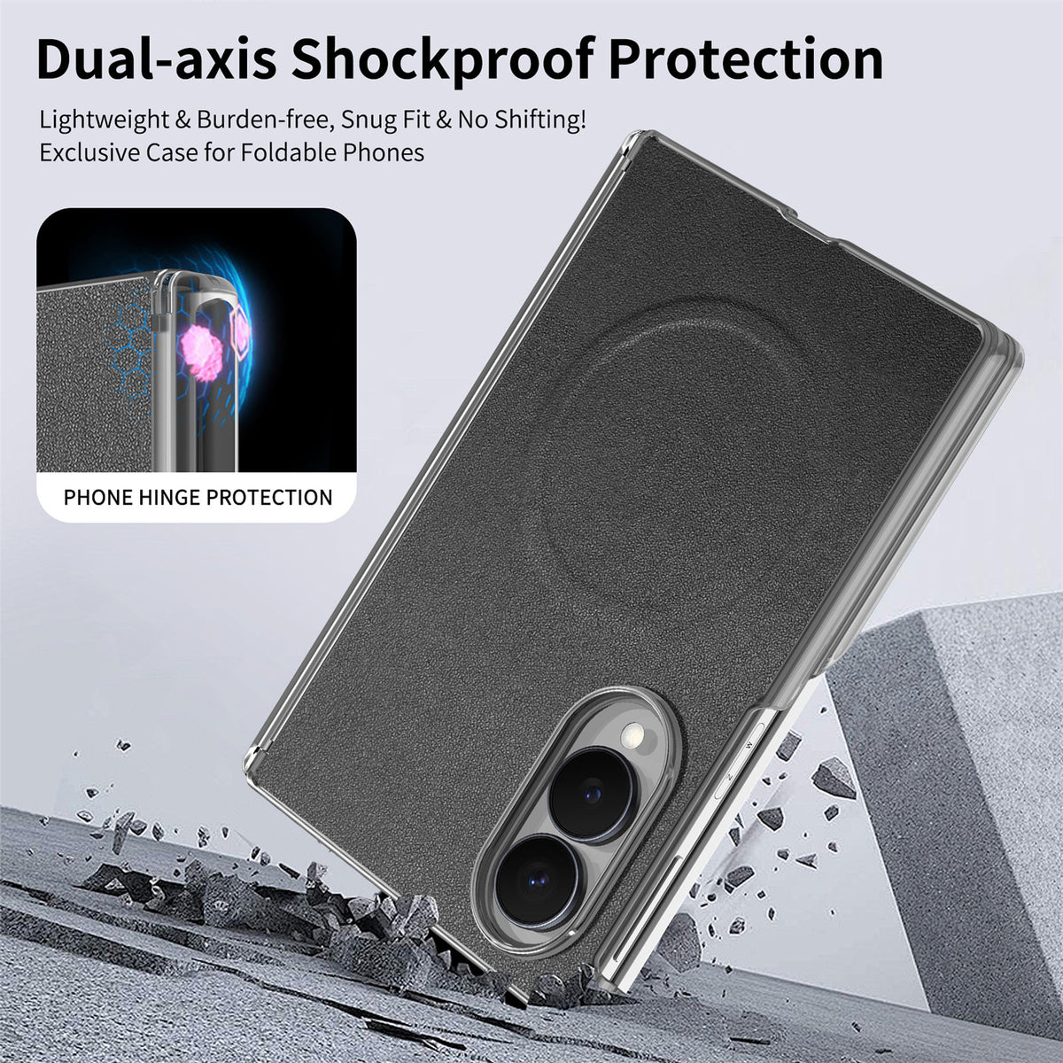 Dual-axis shockproof hinge protection on a black vegan leather Galaxy Z Fold 8 case shown against impact resistance graphics.