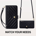 Dual-carrying options feature showing the black V-quilted leather phone case with both its short wristlet strap and long adjustable crossbody shoulder strap.