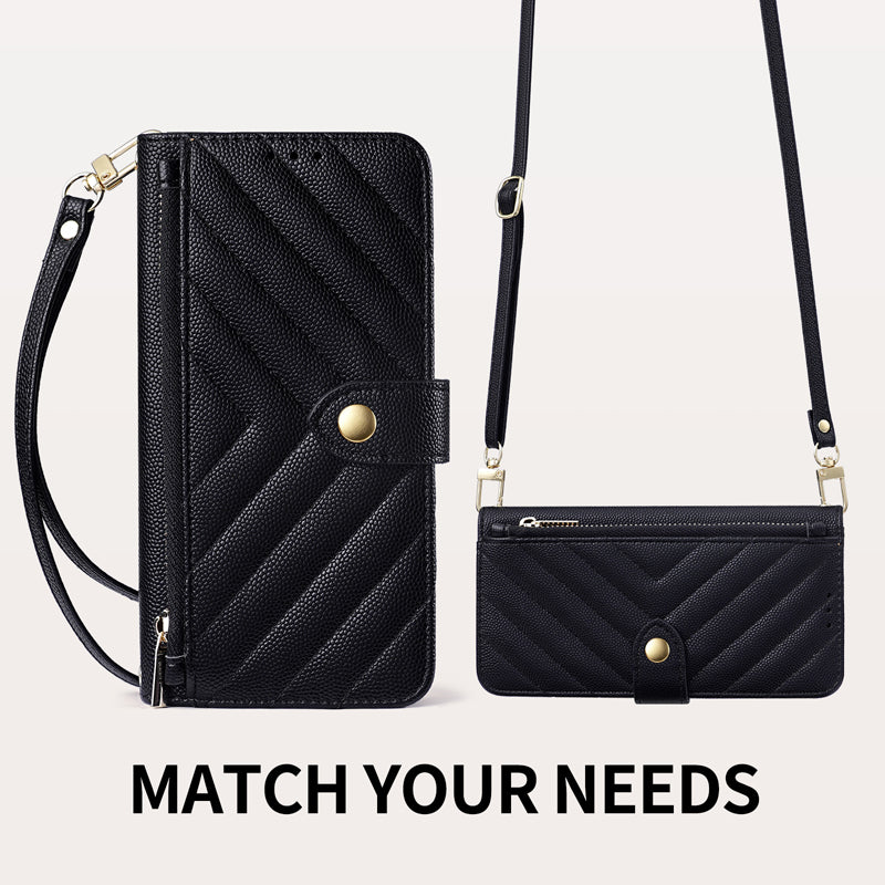 Dual-carrying options feature showing the black V-quilted leather phone case with both its short wristlet strap and long adjustable crossbody shoulder strap.