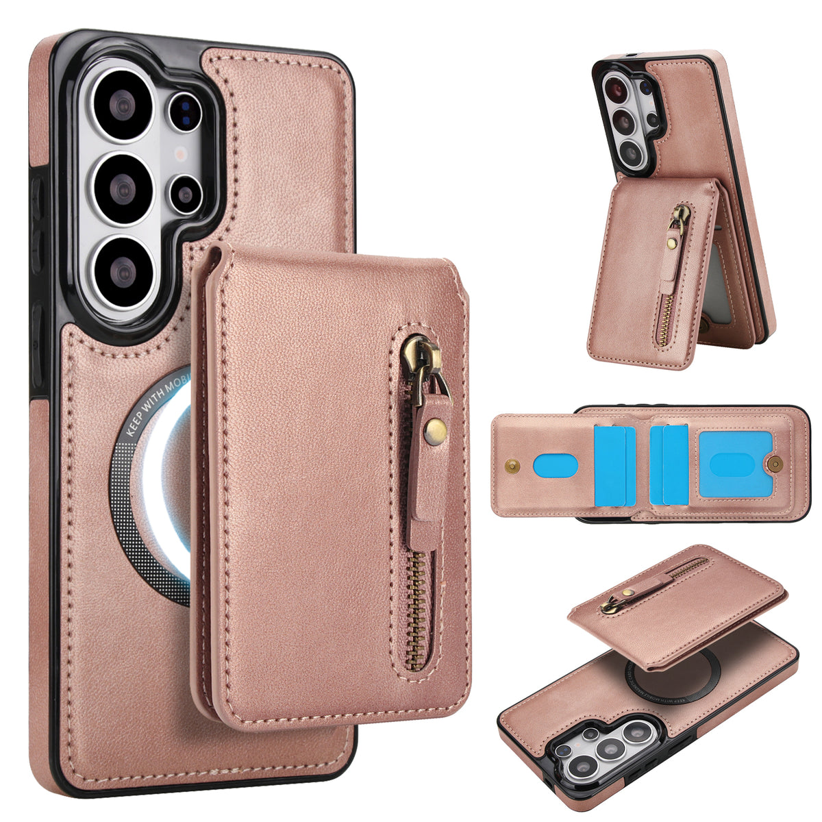 Dusty rose pink 2-in-1 magnetic detachable leather wallet case for Samsung Galaxy showing wireless charging compatibility ring, multi-angle kickstand, and interior card slots