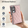 Dusty pink quilted leather case for Galaxy Z Fold 8 showcasing slip-proof and anti-scratch protection features