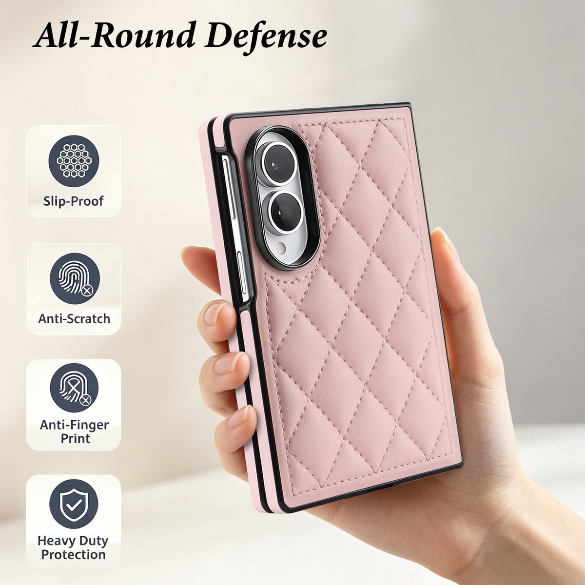 Dusty pink quilted leather case for Galaxy Z Fold 8 showcasing slip-proof and anti-scratch protection features