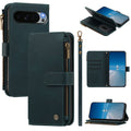 Emerald green vintage leather wallet case for Google Pixel showing wristlet lanyard, side zipper coin purse, 9-card organizer, and horizontal media kickstand mode.