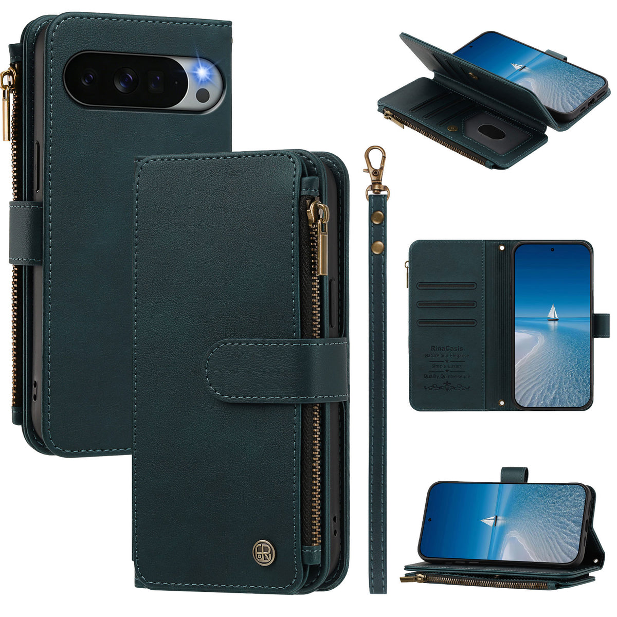 Emerald green vintage leather wallet case for Google Pixel showing wristlet lanyard, side zipper coin purse, 9-card organizer, and horizontal media kickstand mode.