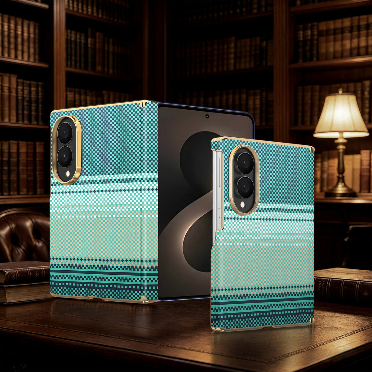 Emerald teal geometric pattern Samsung Galaxy Z Fold 8 case with gold camera frame and hinge cover standing on a table