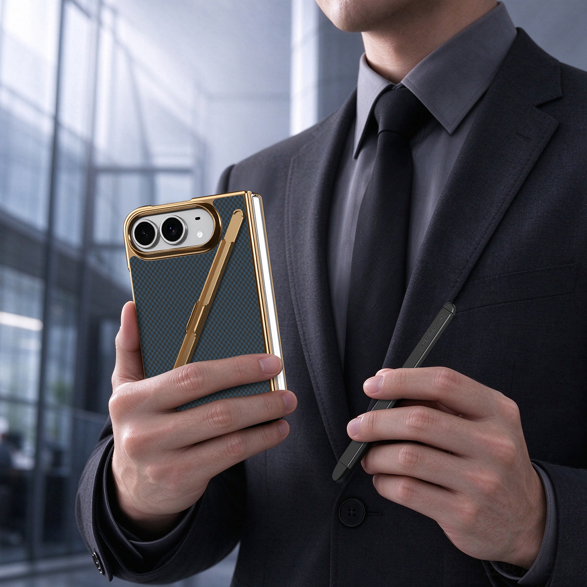 Executive lifestyle shot of a businessman in a suit holding the dark blue Kevlar texture iPhone DUO case with gold electroplated borders while holding the capacitive stylus pen in hand.