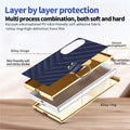 Exploded diagram showing multi-layer construction of electroplated PC shell soft leather skin and alloy ring for Samsung Galaxy Z Fold 8