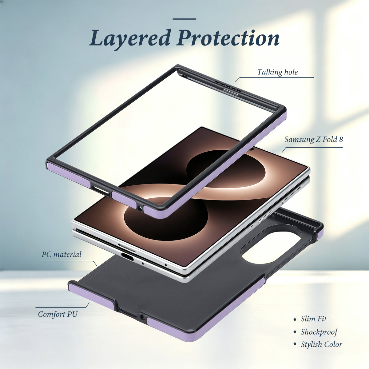 Exploded layered view of purple PC frame and PU leather case showing shockproof protection components for Samsung Galaxy Z Fold 8