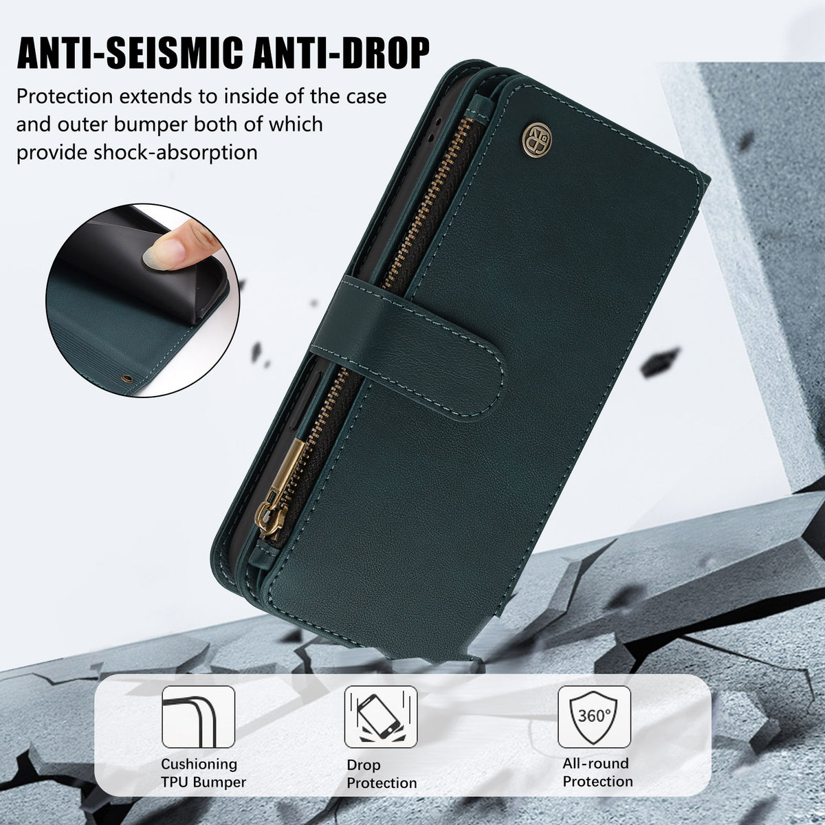 Exploded view highlighting 360-degree shockproof TPU inner bumper, drop protection, and raised camera edges