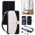 Feature showcase of the black two-tone iPhone wallet case showing the front cover, back view, card slots, zipper 
