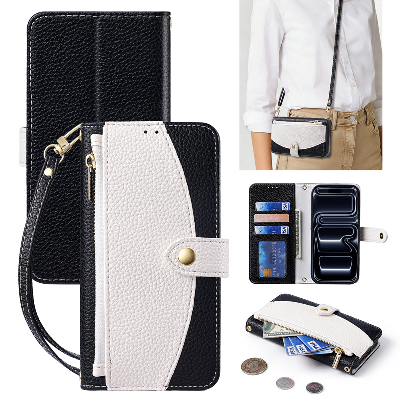 Feature showcase of the black two-tone iPhone wallet case showing the front cover, back view, card slots, zipper 