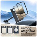 Feature diagram demonstrating the strong magnetic ring alignment of the iPhone DUO leather case attached to a magnetic car mount, magnetic wallet, and wireless charging pad.