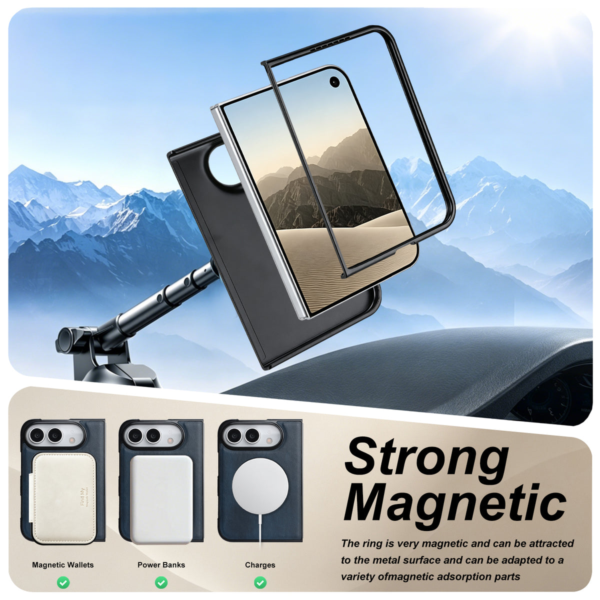 Feature diagram demonstrating the strong magnetic ring alignment of the iPhone DUO leather case attached to a magnetic car mount, magnetic wallet, and wireless charging pad.
