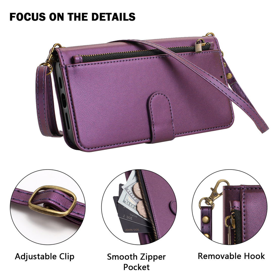 Feature diagram shot of violet purple leather crossbody case for Samsung Galaxy A-series showing close-ups of the metal strap adjuster buckle, smooth zipper pocket, and removable strap swivel hooks.
