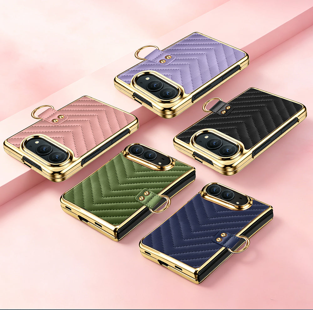 Pink, purple, and blue leather iPhone DUO cases highlighting integrated tempered glass film, finger ring clasp, and electroplated shell construction.