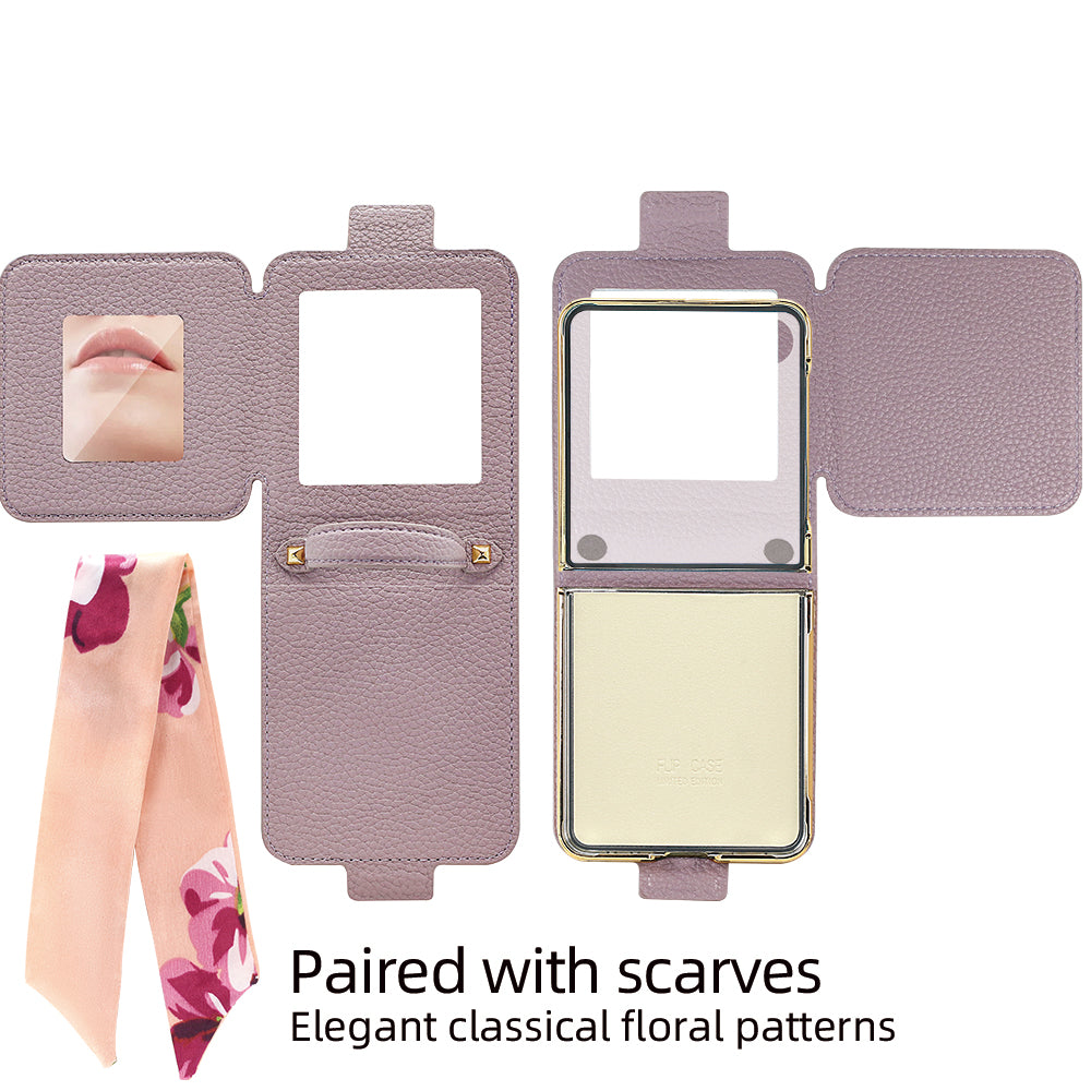 Flat lay view of Samsung Galaxy Z Flip leather case showing unfolded mirror compartment and floral scarf attachment
