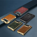 Flat lay display of five color variants for iPhone DUO luxury electroplated leather cases