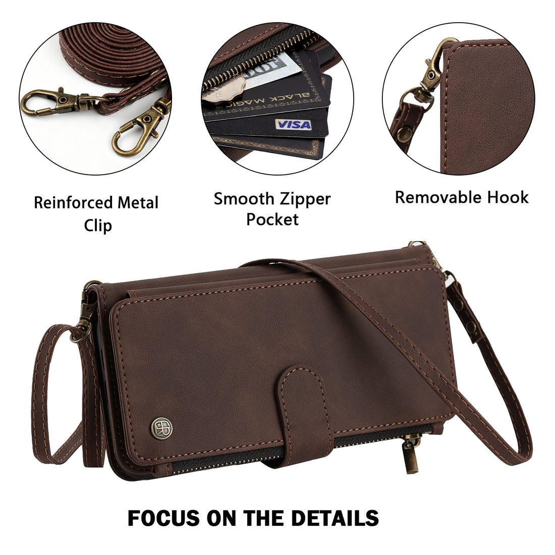 Focus on the Details breakdown of a brown case, highlighting reinforced clips, zipper pocket, and removable hook.
