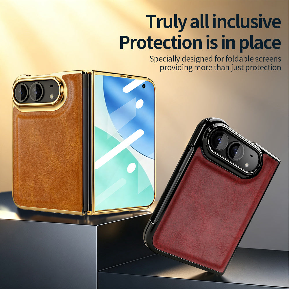 Foldable screen protective design showing tan gold-frame case and black wine-red case