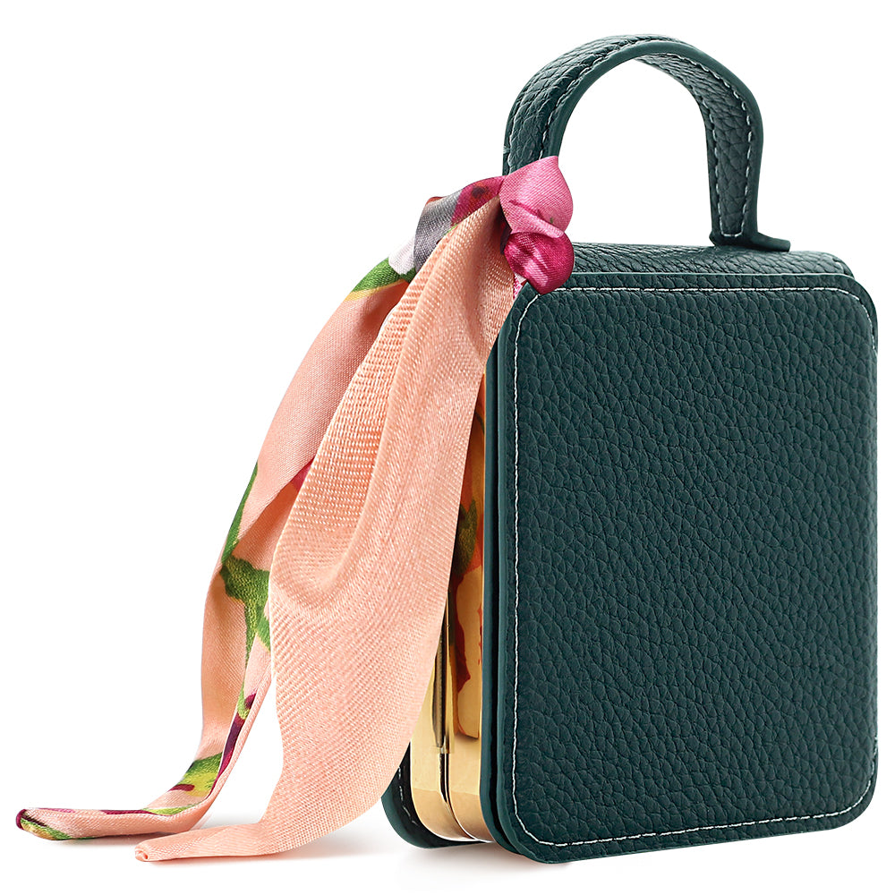 Forest green luxury leather handbag phone case for Samsung Galaxy Z Flip with top handle and decorative scarf