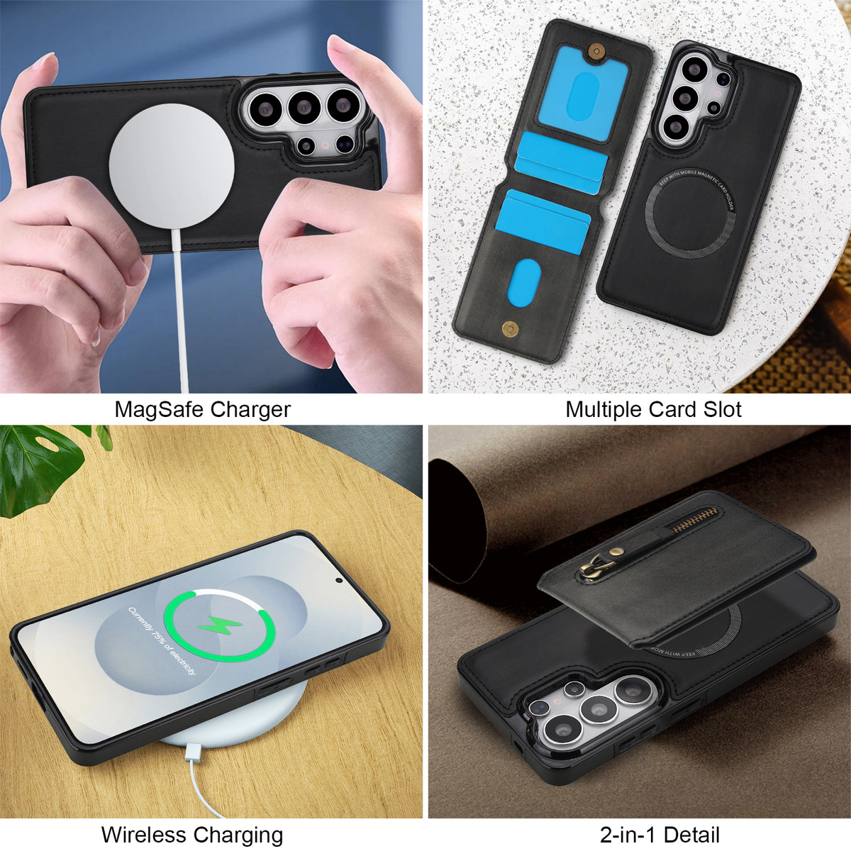 Four pane feature diagram of Samsung Galaxy leather case showing wireless charger alignment interior card slots wireless charging and 2-in-1 detachable magnetic wallet